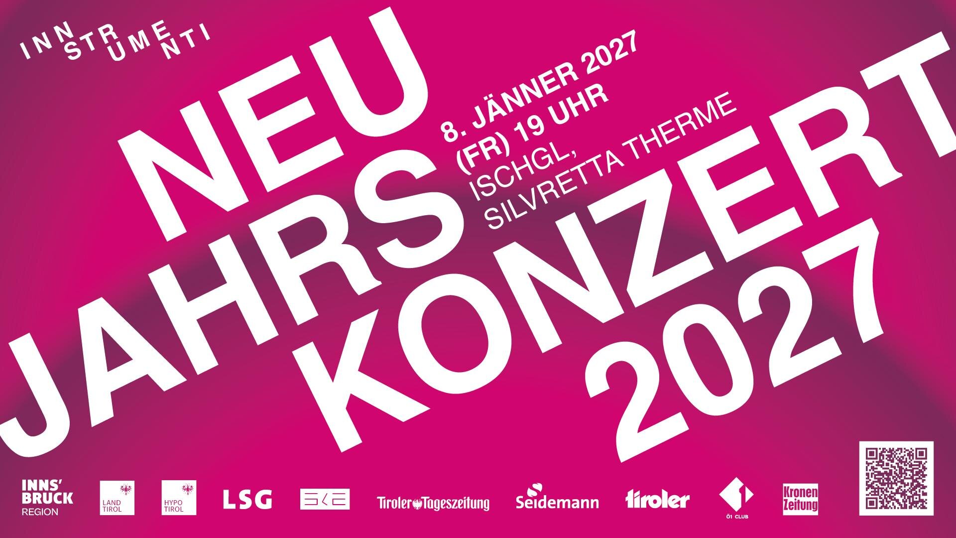 A poster for the New Year's concert 2027. The date is January 8, 2027, at 7 p.m. in Ischgl, Silvretta Therme.