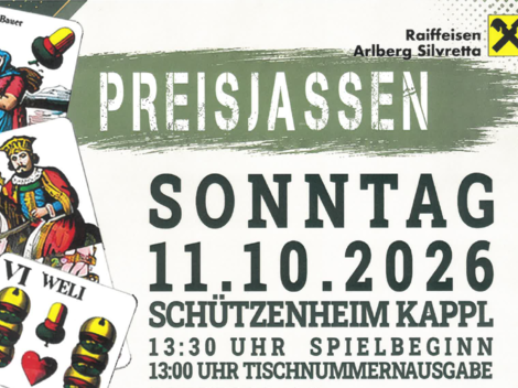 A poster for a prize jass event taking place on October 11, 2026, at the Schützenheim in Kappl. The event starts at 1:30 p.m. with the distribution of table numbers.