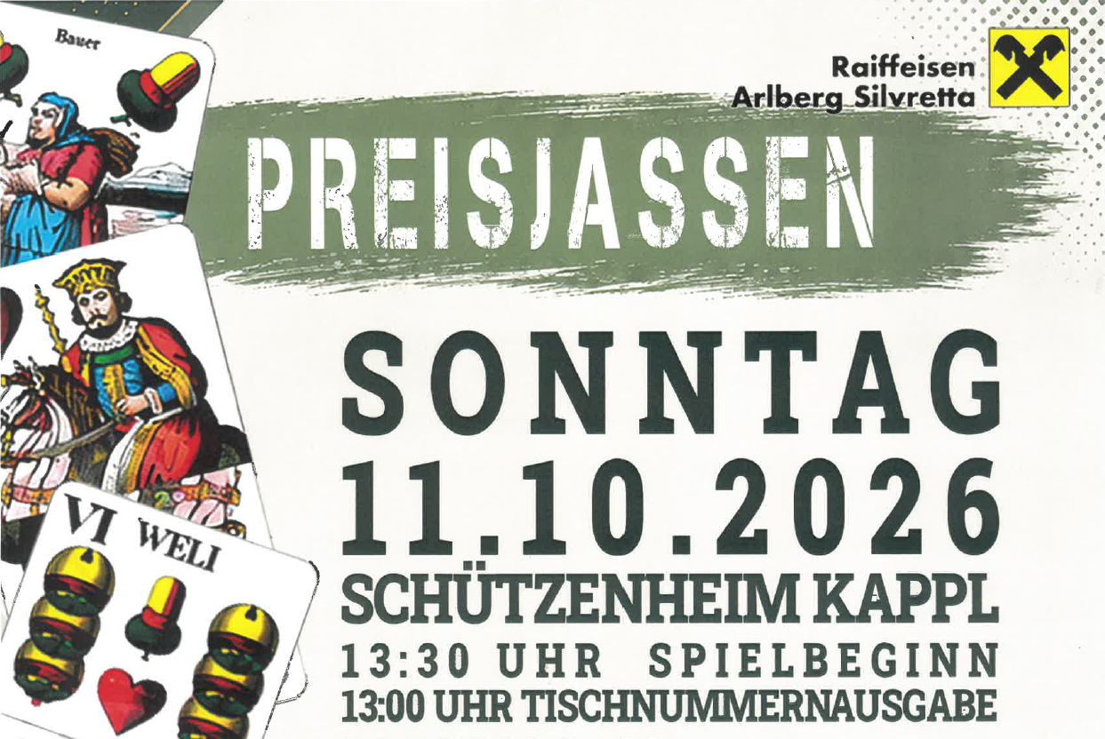 Ein Plakat für ein Preisjassen-Event, das am 11. Oktober 2026 im Schützenheim in Kappl stattfindet. Die Veranstaltung beginnt um 13:30 Uhr mit der Tischnummernausgabe.