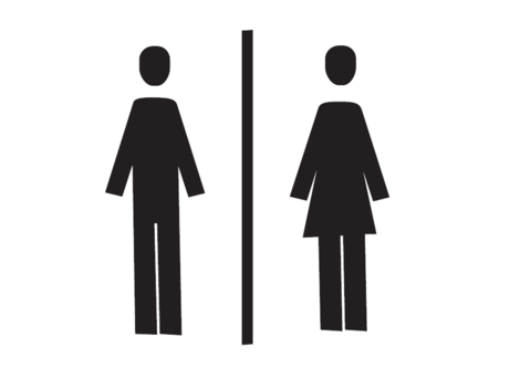 A symbol for men's and women's restrooms. It shows two stylized figures, one male and one female, separated by a line.