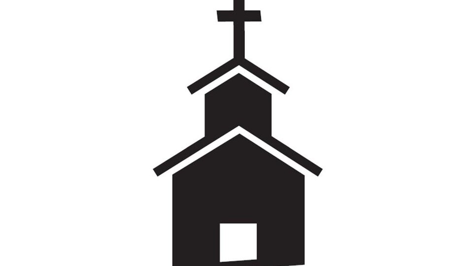 A simple black icon of a church with a cross. The shape depicts a typical church steeple.