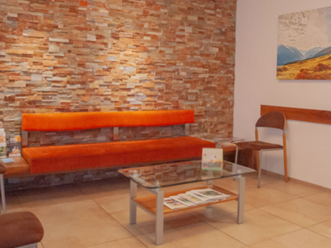 A modern waiting room with an orange bench and brown chair. The wall is clad with artificial stones, and a picture of a landscape hangs above it.