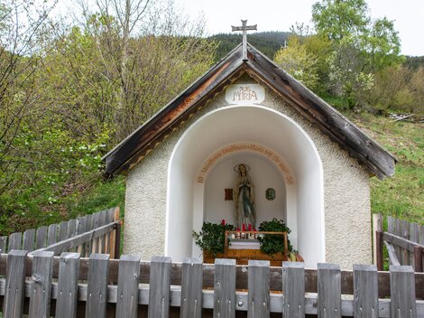 A small chapel with a holy statue stands in nature. It is surrounded by a wooden fence and enclosed by trees. | © Bernhard Gruber – Photography