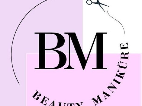 A stylish logo for a beauty studio. It combines the lettering "BM" with the words "Beauty Manicure" and a pair of scissors.