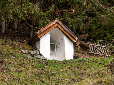 A small, white house with a slanted roof stands on a green meadow. In the background, trees and a fence are visible. | © Bernhard Gruber – Photography