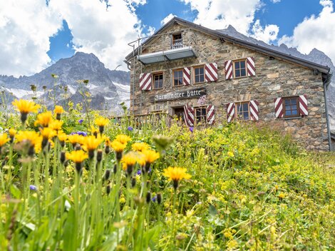 A picturesque stone mountain hut with colorful shutters. The garden is surrounded by yellow flowers and an impressive mountain backdrop.