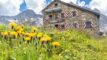A picturesque stone mountain hut, surrounded by colorful flowers and splendid nature. In the background, majestic mountains and a blue sky can be seen.