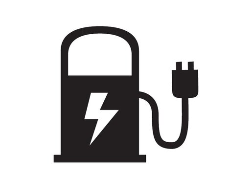 A stylized electric charging station with a lightning symbol. The cable ends in a plug.