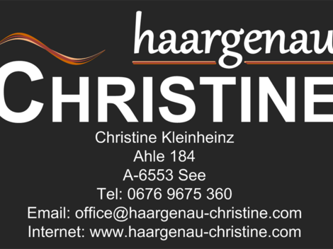 A business card with the contact details of Christine Kleinheinz. It displays the name "haargenaus" and includes address, telephone, email, and website.