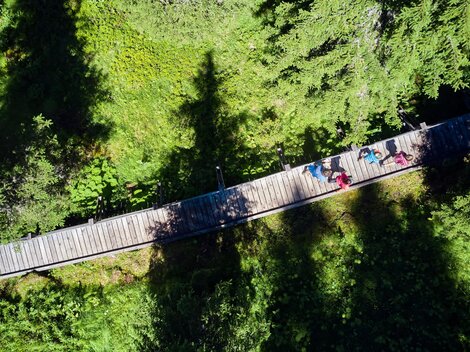 A wooden walkway runs through a green landscape. In the background, the shadows of trees can be seen, while some people relax on the walkway.