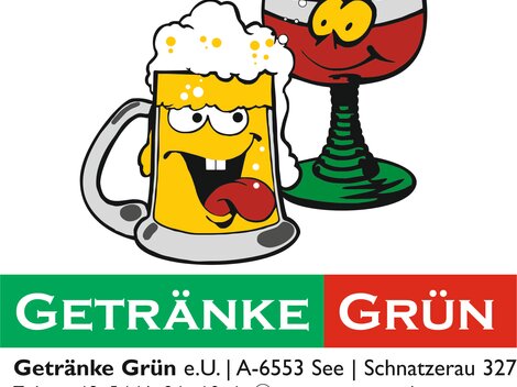 Two cheerful drink characters, a beer mug and a cocktail glass, are smiling. The background features the text "Getränke Grün" in striking colors.
