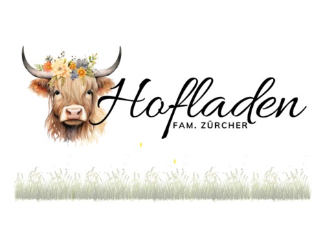 A creative logo featuring a Highland cow wearing a floral crown. The inscription "Hofladen Fam. Zürcher" is elegantly designed.