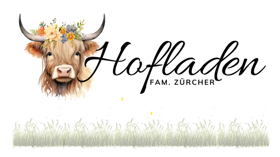 A creative logo featuring a Highland cow wearing a floral crown. The inscription "Hofladen Fam. Zürcher" is elegantly designed.