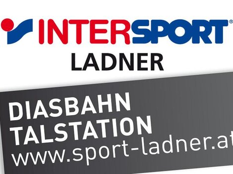A logo of the brand INTERSPORT with the name "LADNER". Below, there is information about the "DIASBAHN VALLEY STATION" and the website.