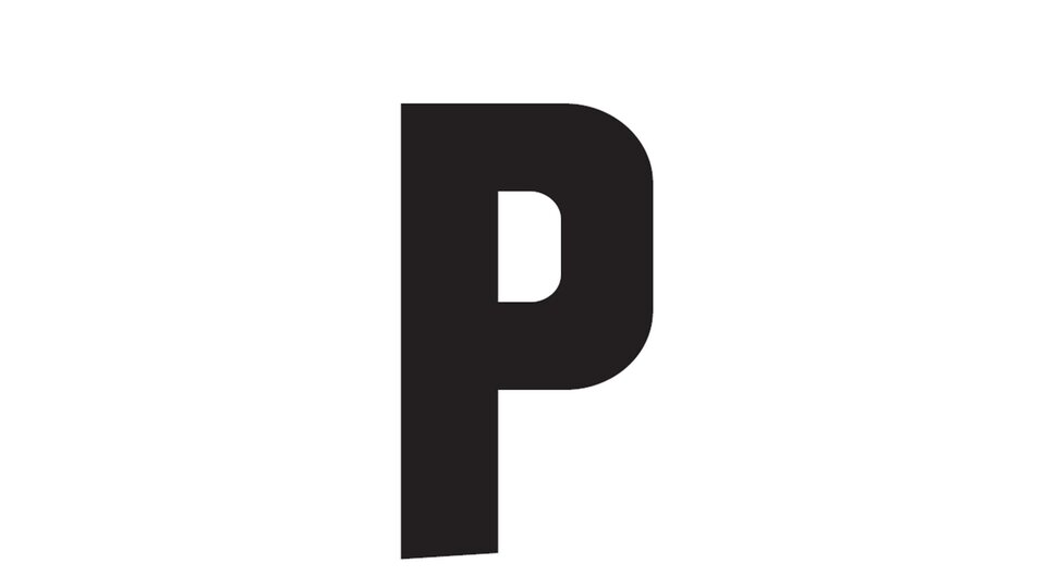 A large, black "P" on a white background. The design is simple and clear.