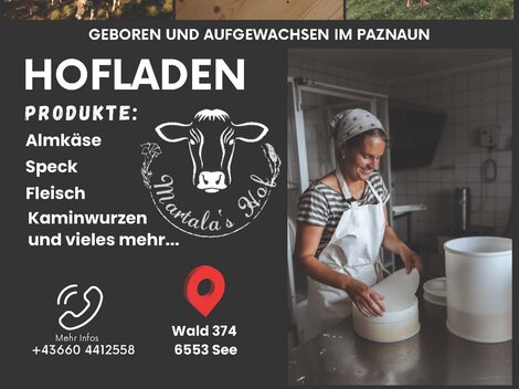 An inviting farm shop in the Alps with various products such as cheese and meat. The collage shows the idyllic landscape and the friendly people who work there.