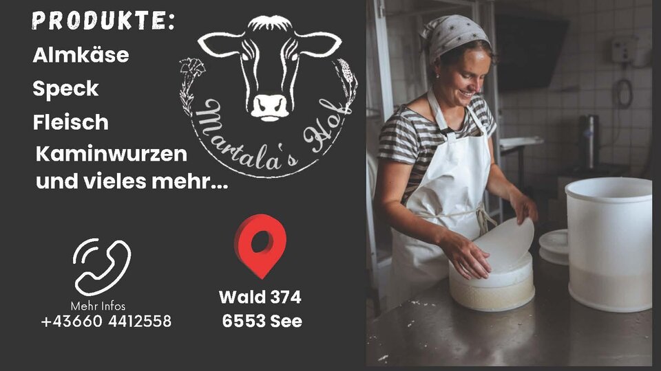 An inviting farm shop in the Alps with various products such as cheese and meat. The collage shows the idyllic landscape and the friendly people who work there.