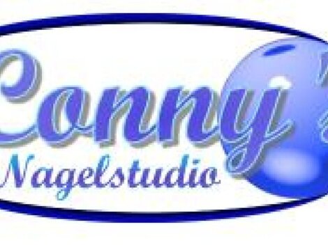 A logo for Conny's nail studio. It features the lettering in blue and a stylized ball.