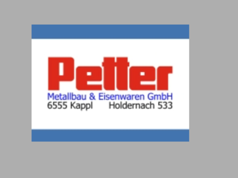 A company logo of Petter Metallbau & Eisenwaren GmbH. The address is 6555 Kappl, Holdernach 533.