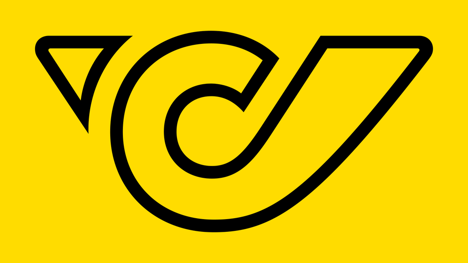 A yellow logo with a stylized symbol that resembles a letter. It combines a general shape with a modern design.