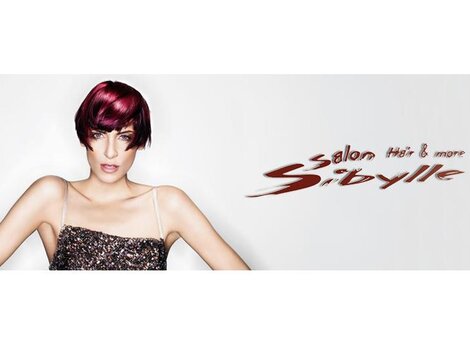 A modern hair salon logo with the name "Salon Sibylle". In the foreground is a woman with shoulder-length, red-colored hair.