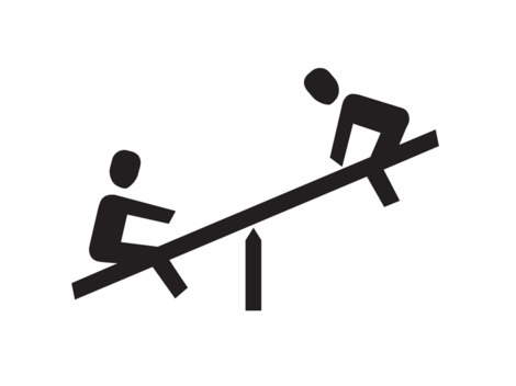 Two figures on a seesaw balancing each other. The seesaw is on a stable post.